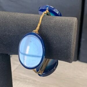 Blue Agate Wire Wrapped Bangle Bracelet Gold Tone Boho Oval Stone Cuff 8.25"